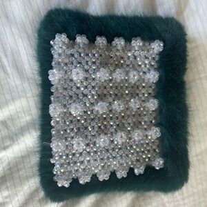 SHRIMPS Green Fur Clutch with iridescent clear beading